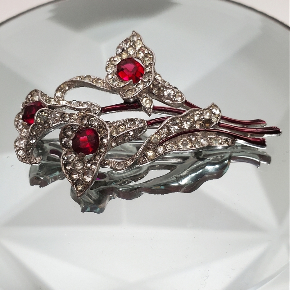 TRIFARI Collectors 1940's A. Spaney Ruby Calla Lilly Brooch Pin - Picture 5 of 7